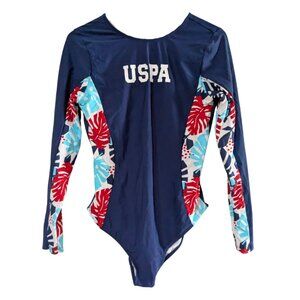 US Polo Assn. Women's Floral Long Sleeve Swimsuit, Navy, Size M (7-9), Tie Back